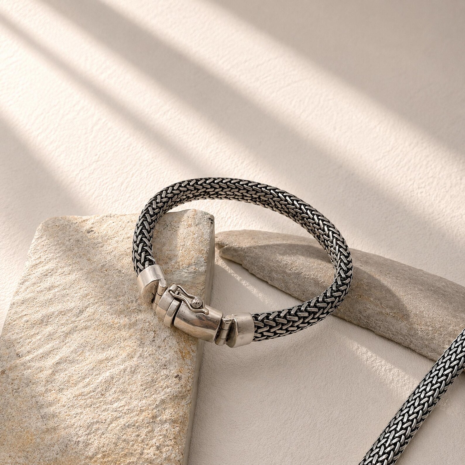 Woven Mesh Bracelet Close-up Detail Minimalist sterling silver mesh bracelet in boho style