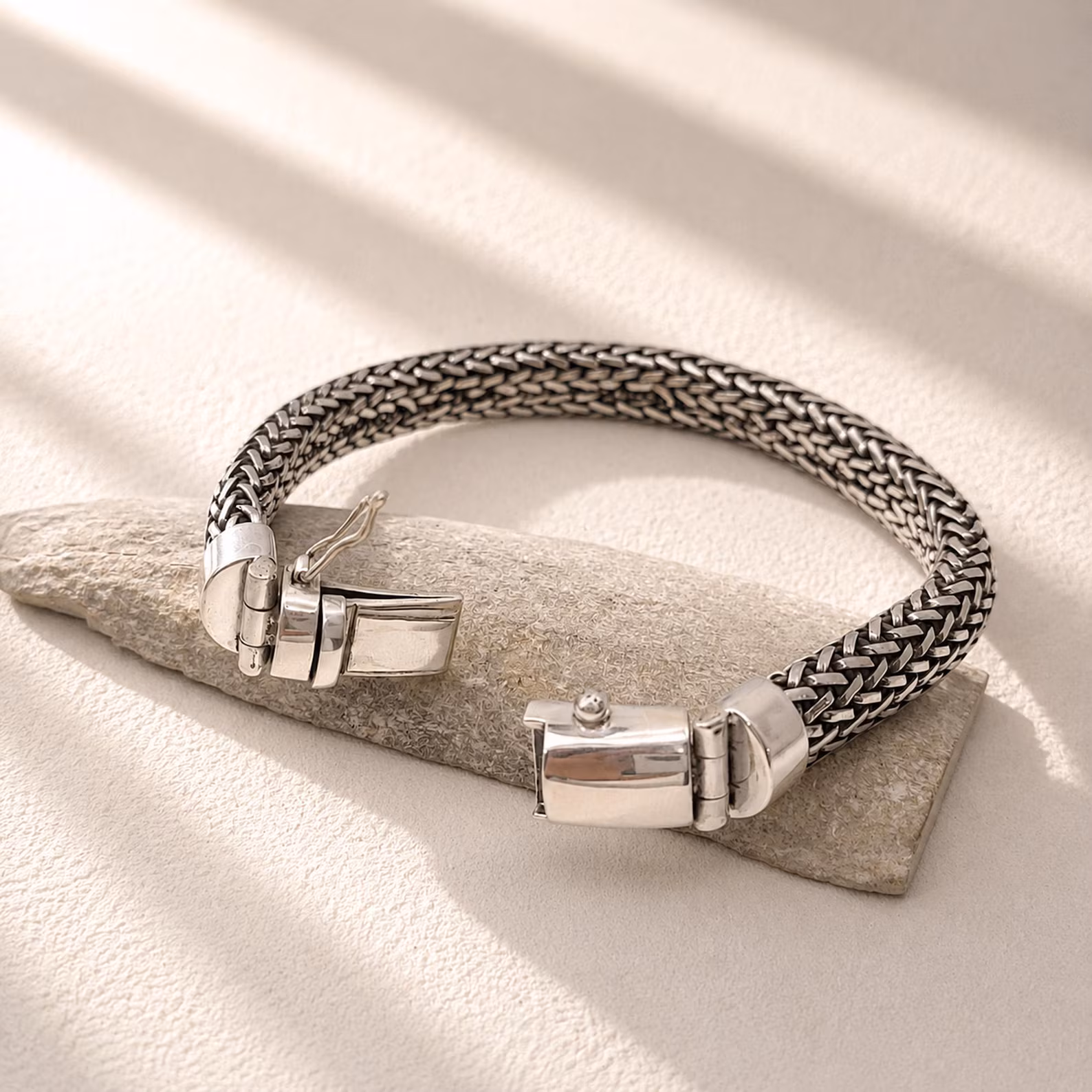 925 Byzantine Bracelet Studio Shot1 Flat lay of sterling silver Byzantine chain bracelet best