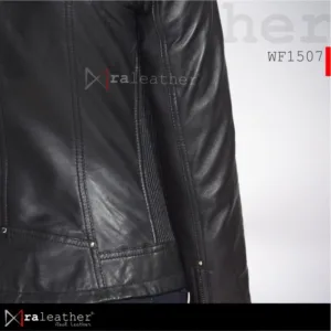 Stylish black genuine leather jacket for women with modern feminine cut