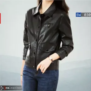 Semi formal women leather jacket with clean tailored fit and modern look