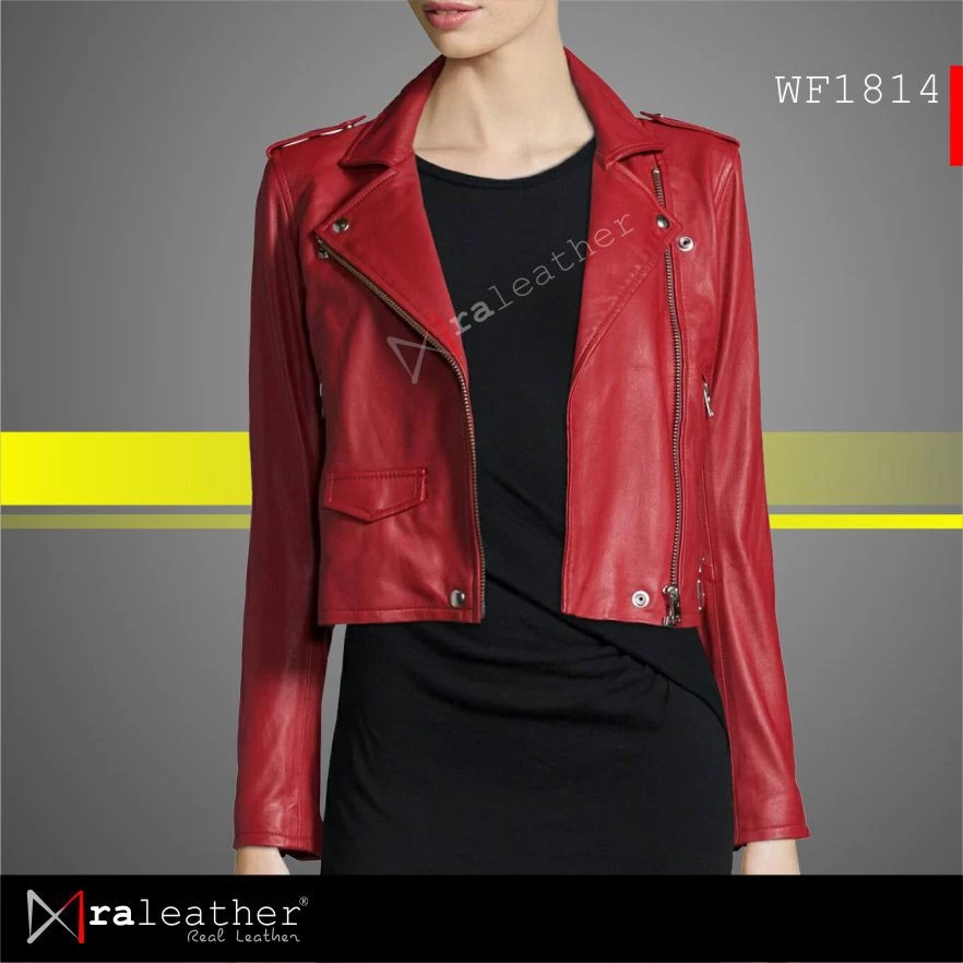 ra-leather-wf1814-women-red-biker-leather-jacket.jpg Slim fit sheepskin moto jacket for women with edgy modern style