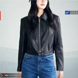 Black sheepskin moto jacket for women with slim fit design