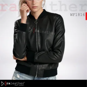 Elegant black leather bomber jacket for women made from 100% genuine leather