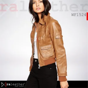 Comfortable women leather jacket with ribbed cuffs and bomber design