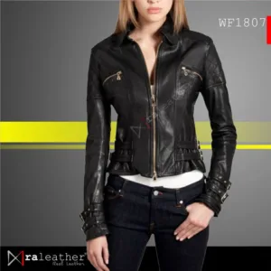 Women wearing WF1807 leather biker jacket front view