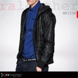 Front view casual leather hoodie jacket men