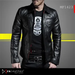 Stylish casual men leather jacket front view