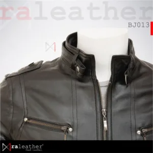 Close-up stitching detail on bomber leather jacket