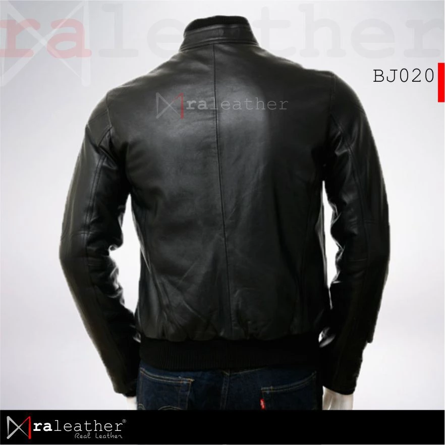premium-sheepskin-leather-jacket-men-bj020.jpg Front view men bomber leather jacket black