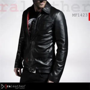 Close-up detail of stitching and zipper on leather jacket