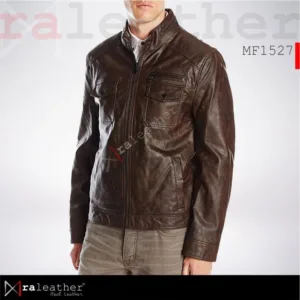 Close-up stitching detail of leather jacket