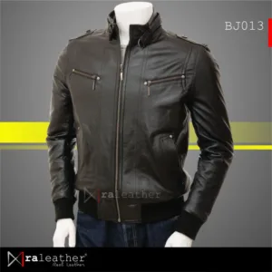 Front view men leather flight jacket black