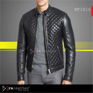 Detail of cross stitching on leather jacket