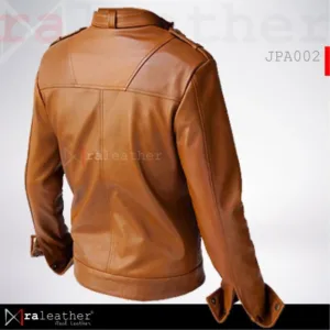 Close-up stitching detail on leather jacket