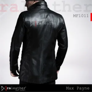 Front view of black long leather jacket men