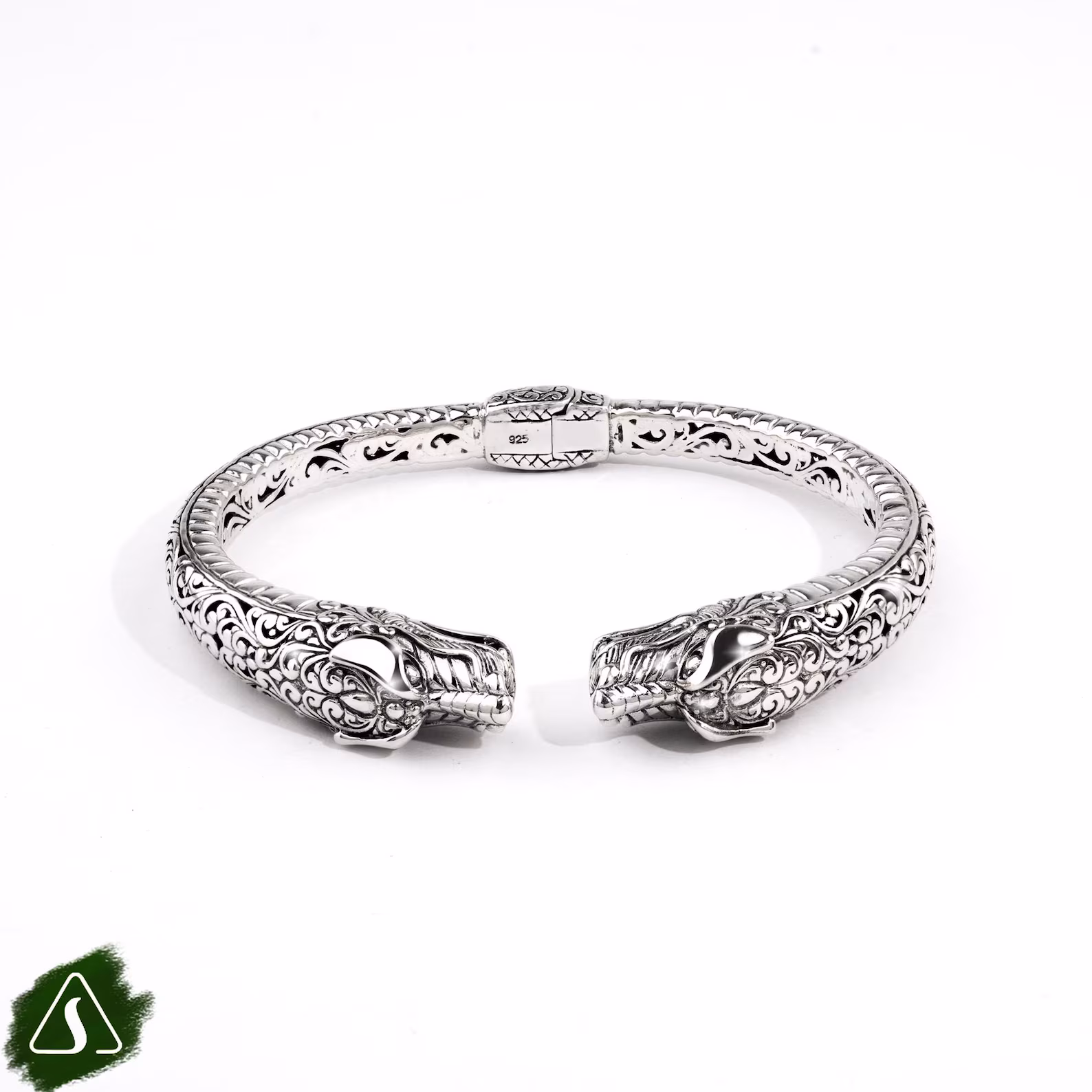 Artisan Guardian Dog Silver Bracelet Close Up Unisex sterling silver cuff bracelet Bali handmade statement jewelry