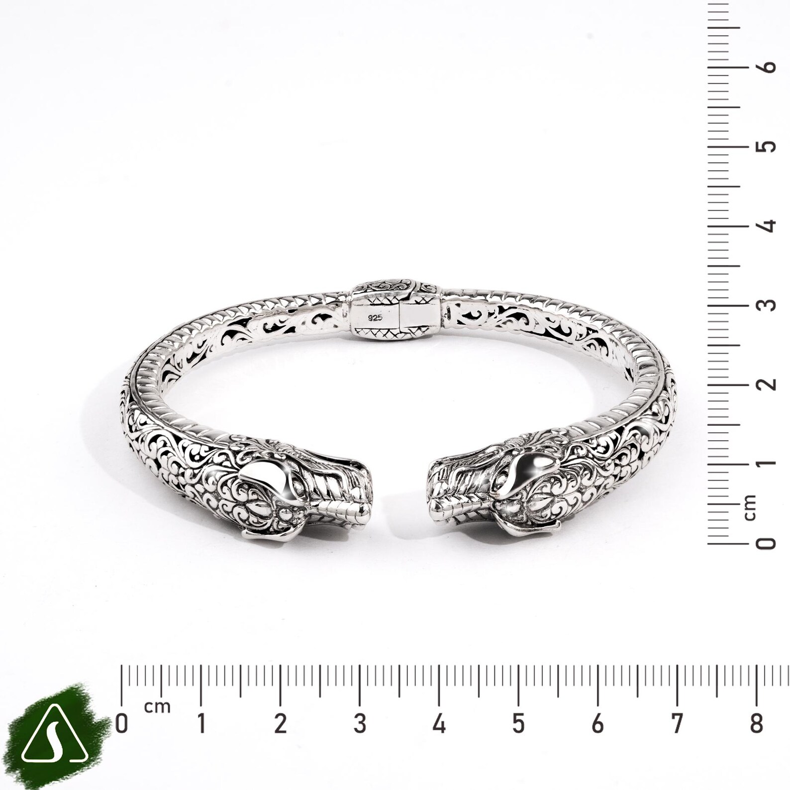 Bali Silver Cuff Bracelet with Dog Head Detail Guardian dog silver cuff bracelet close up detail artisan craftsmanship