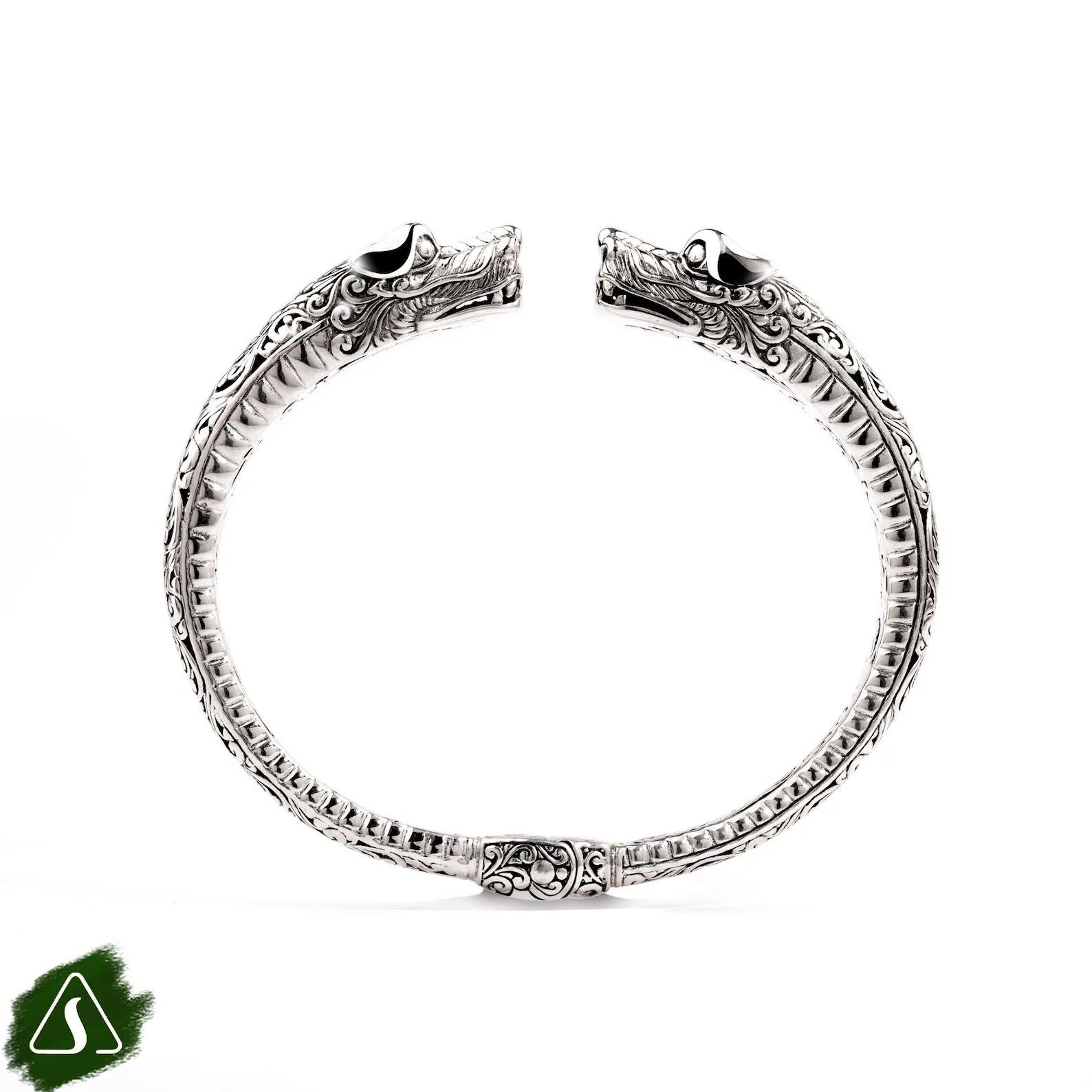 Handmade 925 Silver Guardian Bracelet Artisan Design 925 silver cuff bracelet with guardian dog heads detailed Balinese design