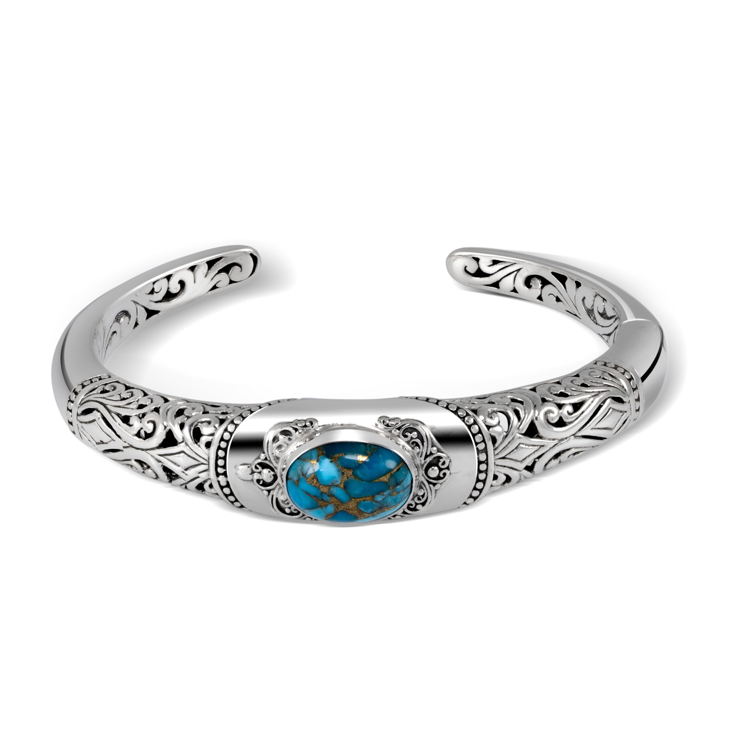 Detailed Sterling Silver Turquoise Cuff Bracelet detailed silver scrollwork and turquoise gemstone on Balinese cuff bracelet