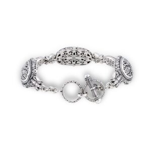 handmade Balinese silver bracelet with three oval ornamental panels