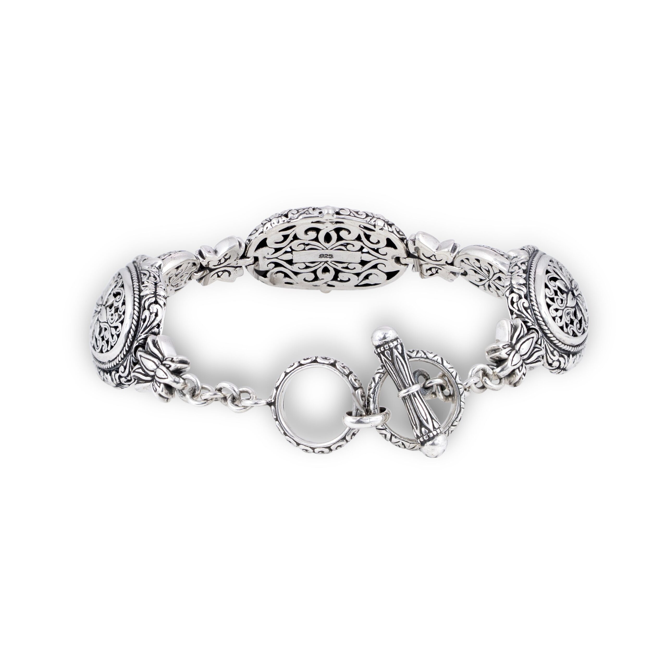 Handmade Balinese Silver Bracelet with Ornamental Oval Panels handmade Balinese silver bracelet with three oval ornamental panels