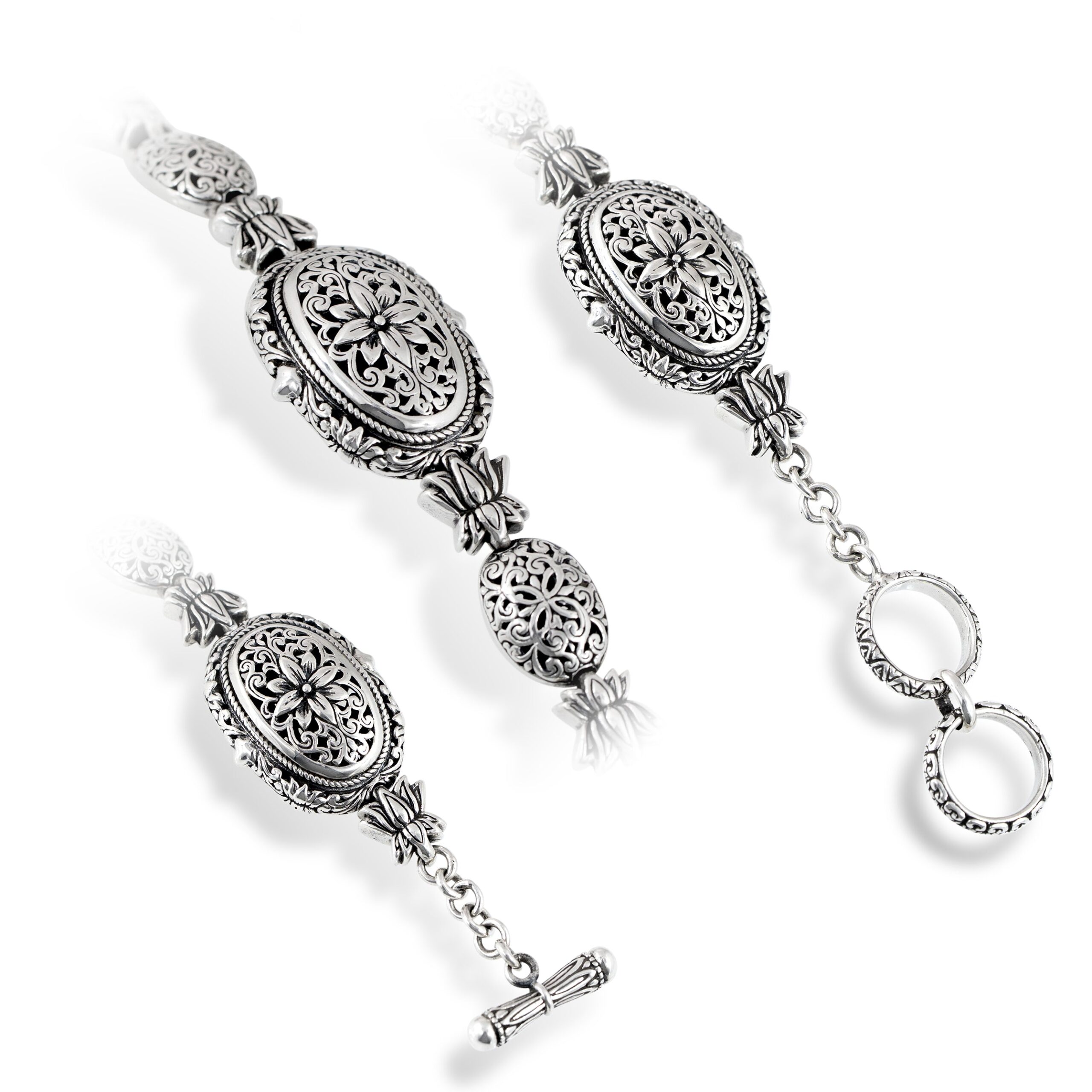 Intricate Floral Scrollwork Sterling Silver Bracelet intricate floral scrollwork and toggle clasp on sterling silver bracelet
