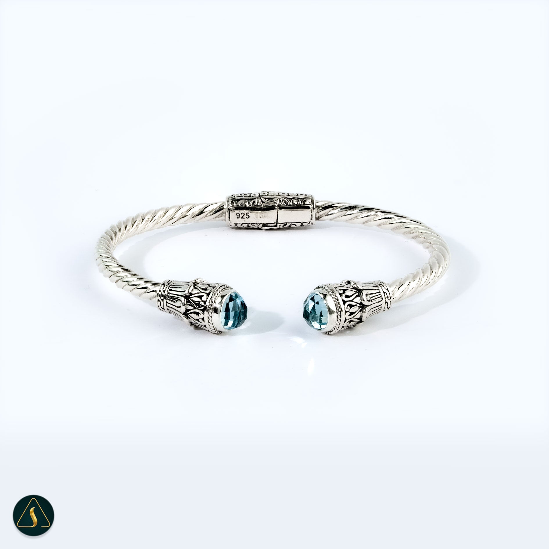 Balinese Sterling Silver Cuff Bracelet with Blue Topaz Balinese 925 sterling silver open cuff bracelet with blue topaz
