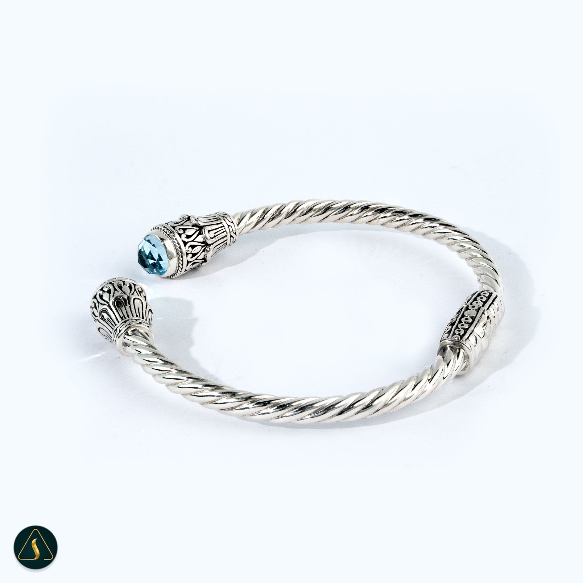 Handmade Bali Twisted Cable Silver Bracelet with Blue Topaz handmade Bali silver cuff bracelet with twisted cable design
