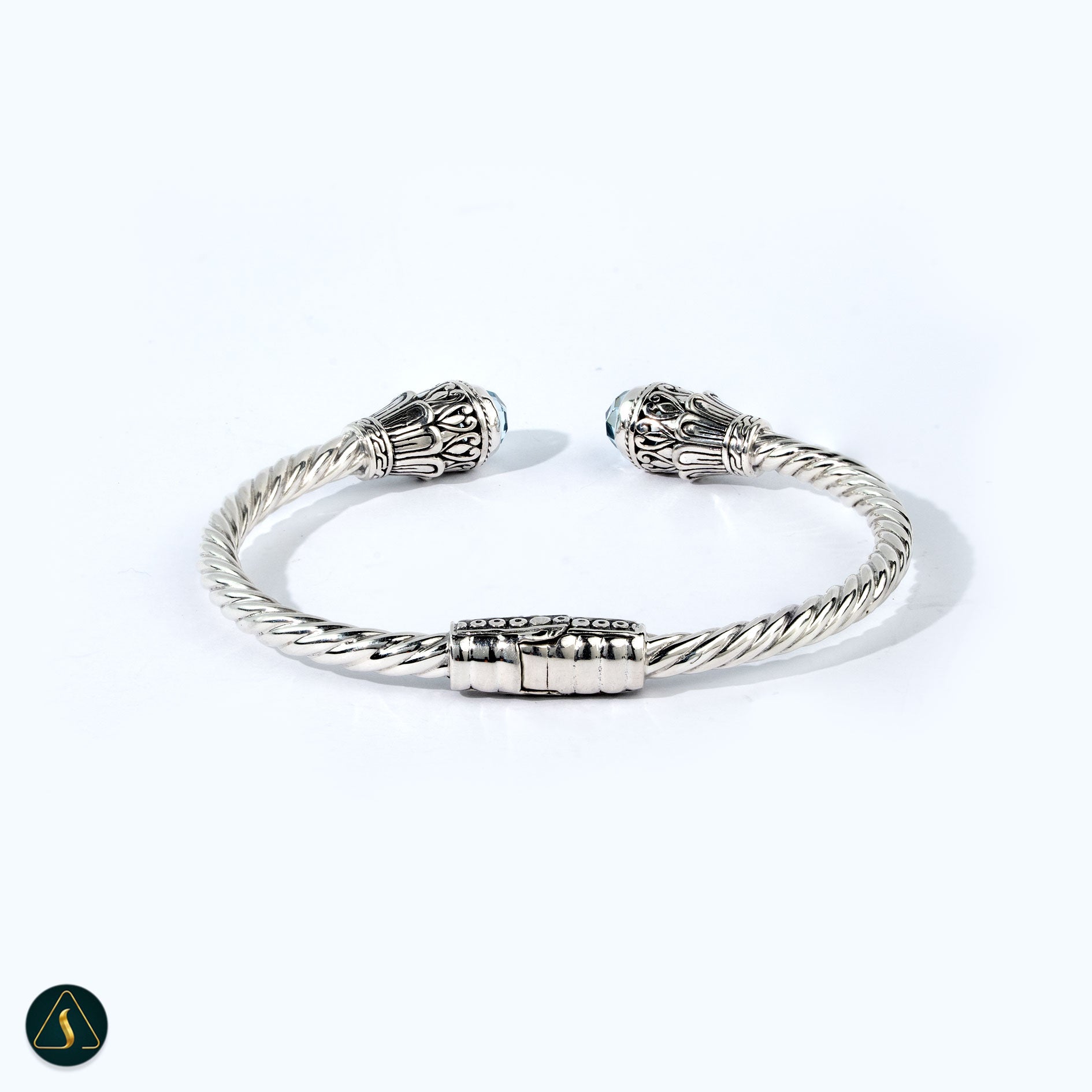 925 Sterling Silver Open Cuff with Blue Topaz and Floral Detail sterling silver blue topaz cuff bracelet with floral inspired detail