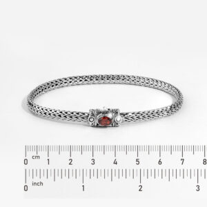 handmade Bali mens silver bracelet with red garnet and scroll filigree