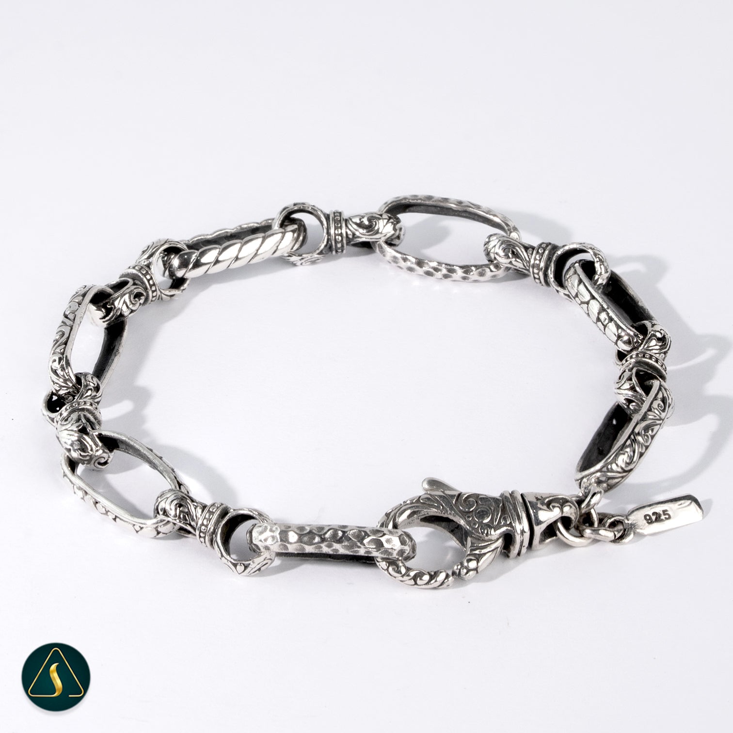 Handmade 925 Sterling Silver Chain Bracelet with Artisan Links handmade 925 sterling silver chain bracelet with carved artisan links