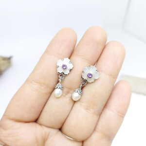 handmade Bali 925 sterling silver floral gemstone pearl earrings