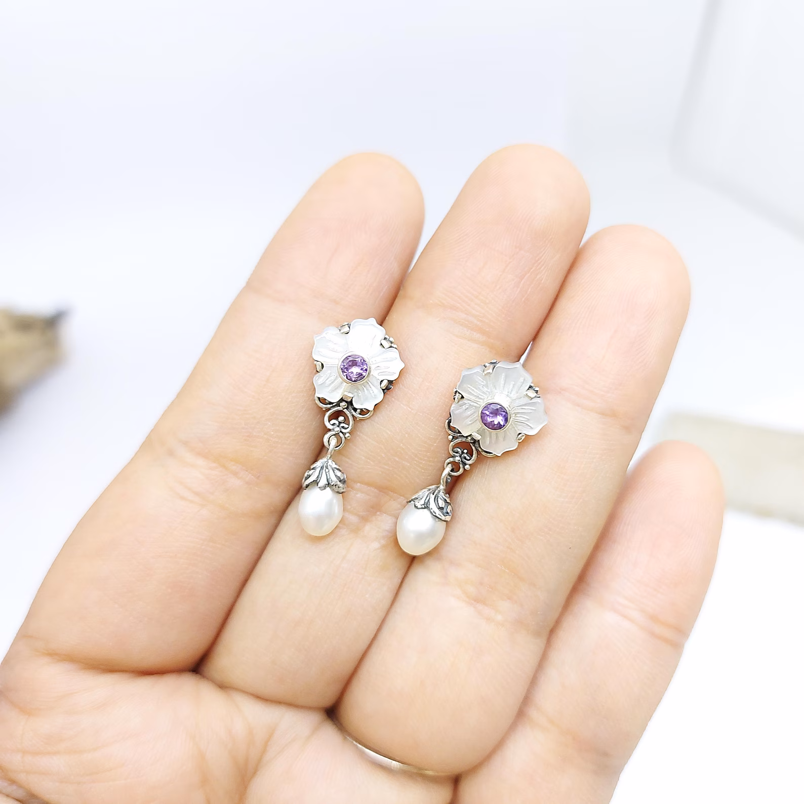 925 Silver Floral Gemstone Pearl Dangle Earrings handmade Bali 925 sterling silver floral gemstone pearl earrings