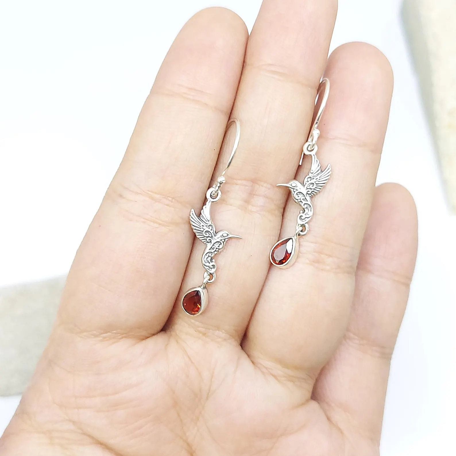 925 Silver Hummingbird Earrings with Teardrop Gemstone handmade Bali 925 sterling silver hummingbird gemstone earrings