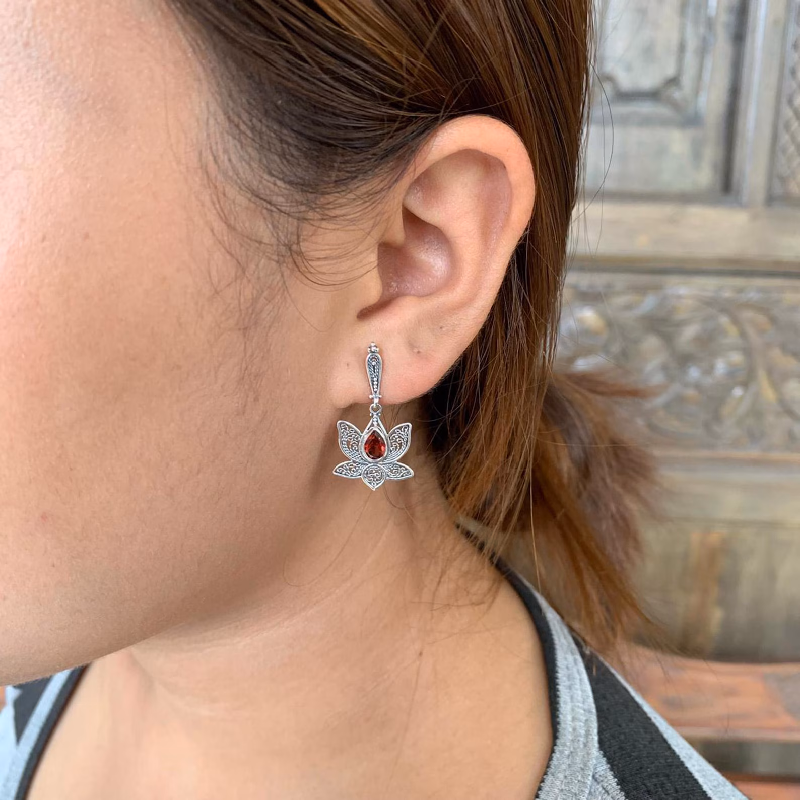 925 Silver Lotus Gemstone Dangle Earrings handmade Bali 925 sterling silver lotus gemstone earrings