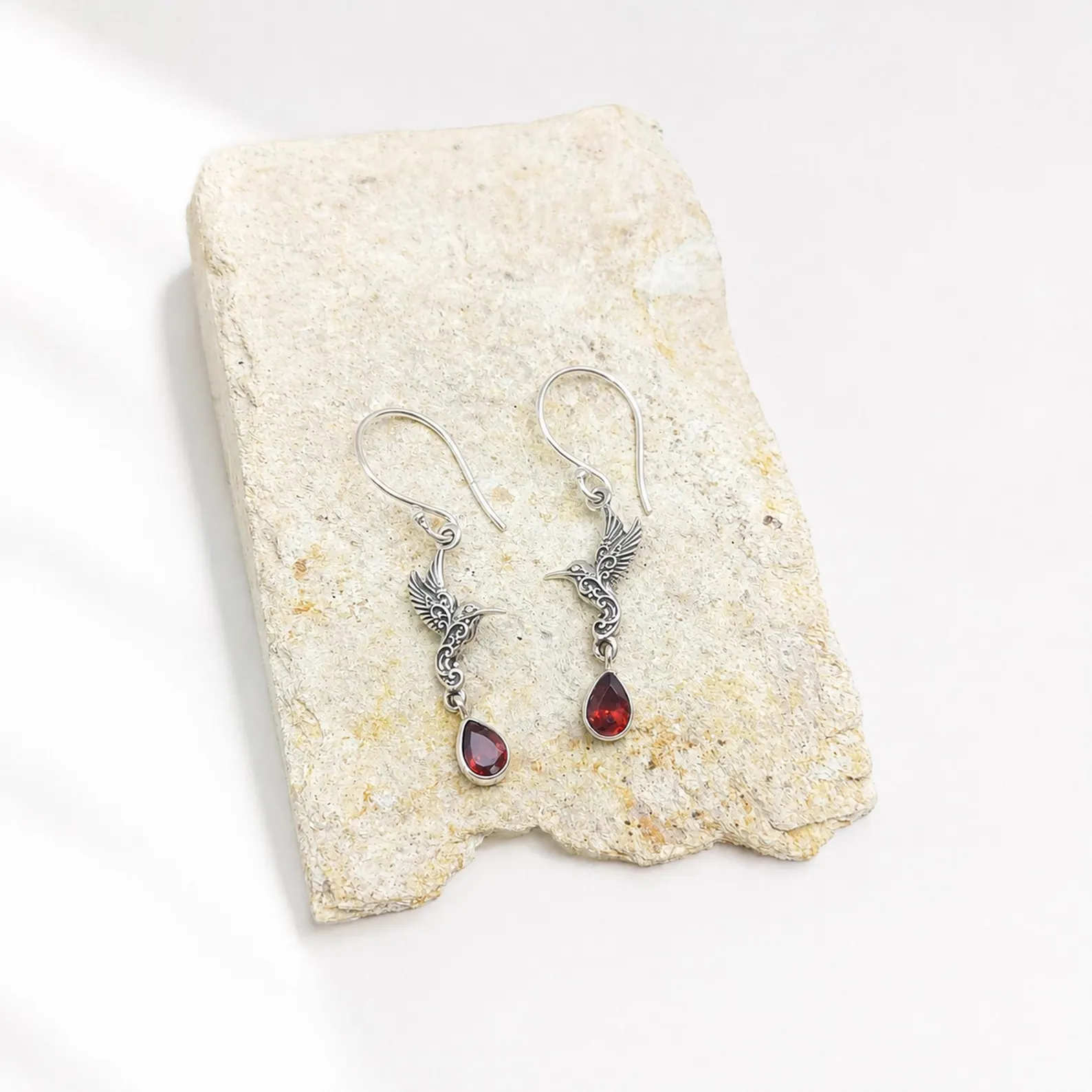 925 Sterling Silver Bird Earrings Handmade in Bali 925 silver hummingbird dangle earrings with teardrop gemstone