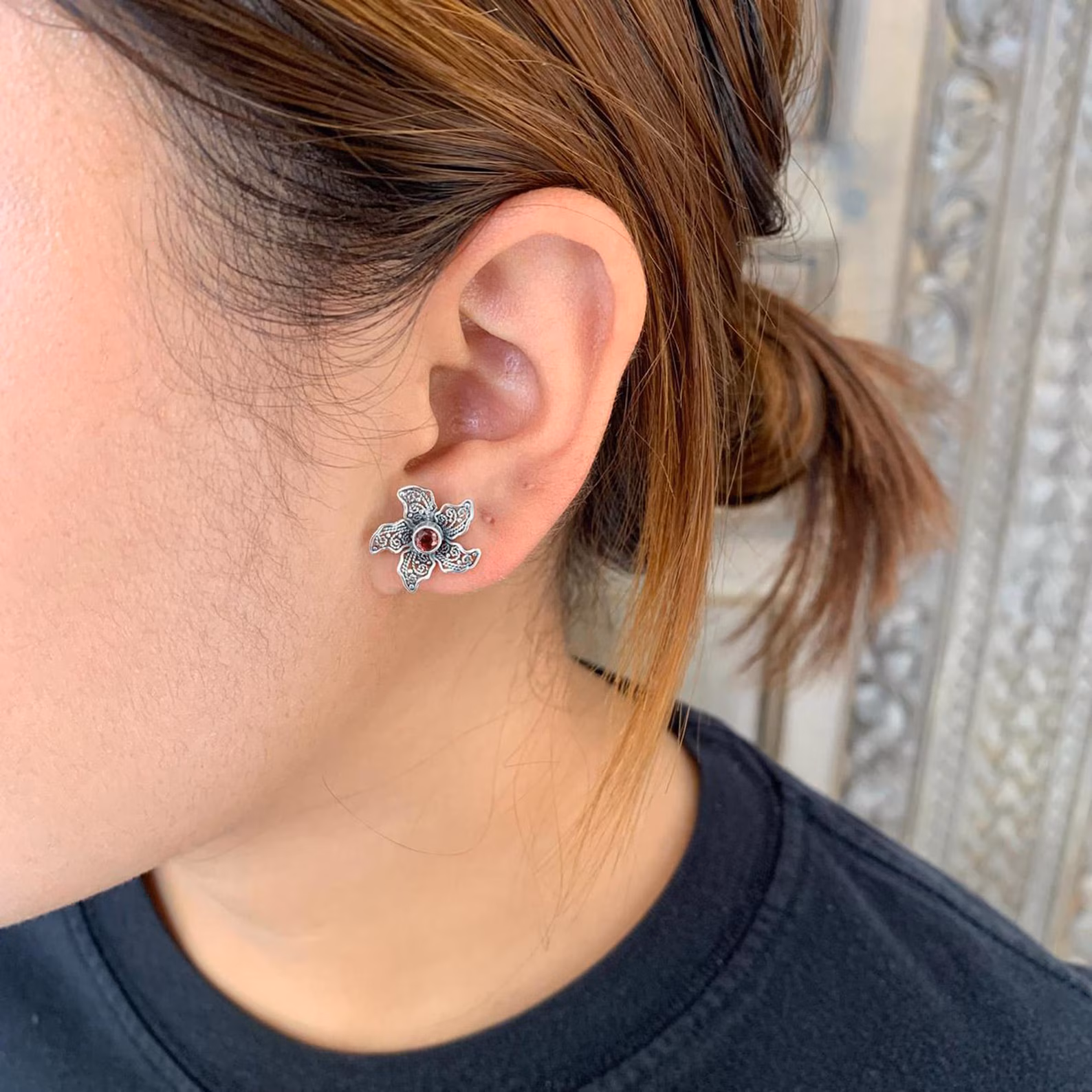 925 Sterling Silver Botanical Flower Stud Earrings Bali handmade 925 sterling silver flower gemstone earrings