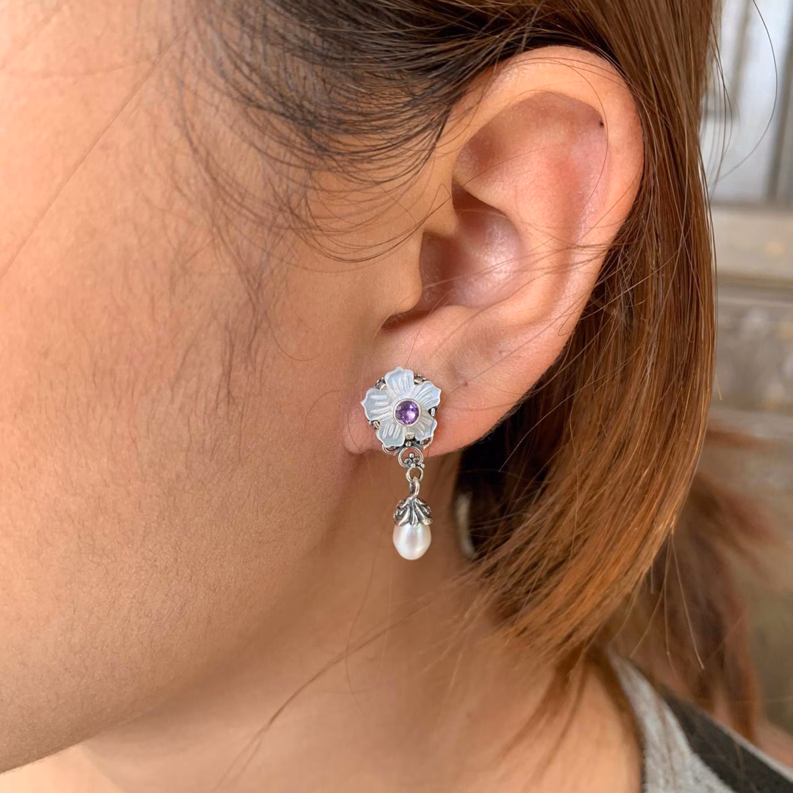 925 Sterling Silver Flower Earrings with Gemstone Center 925 silver floral dangle earrings with natural pearl
