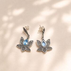 925 silver lotus gemstone dangle earrings