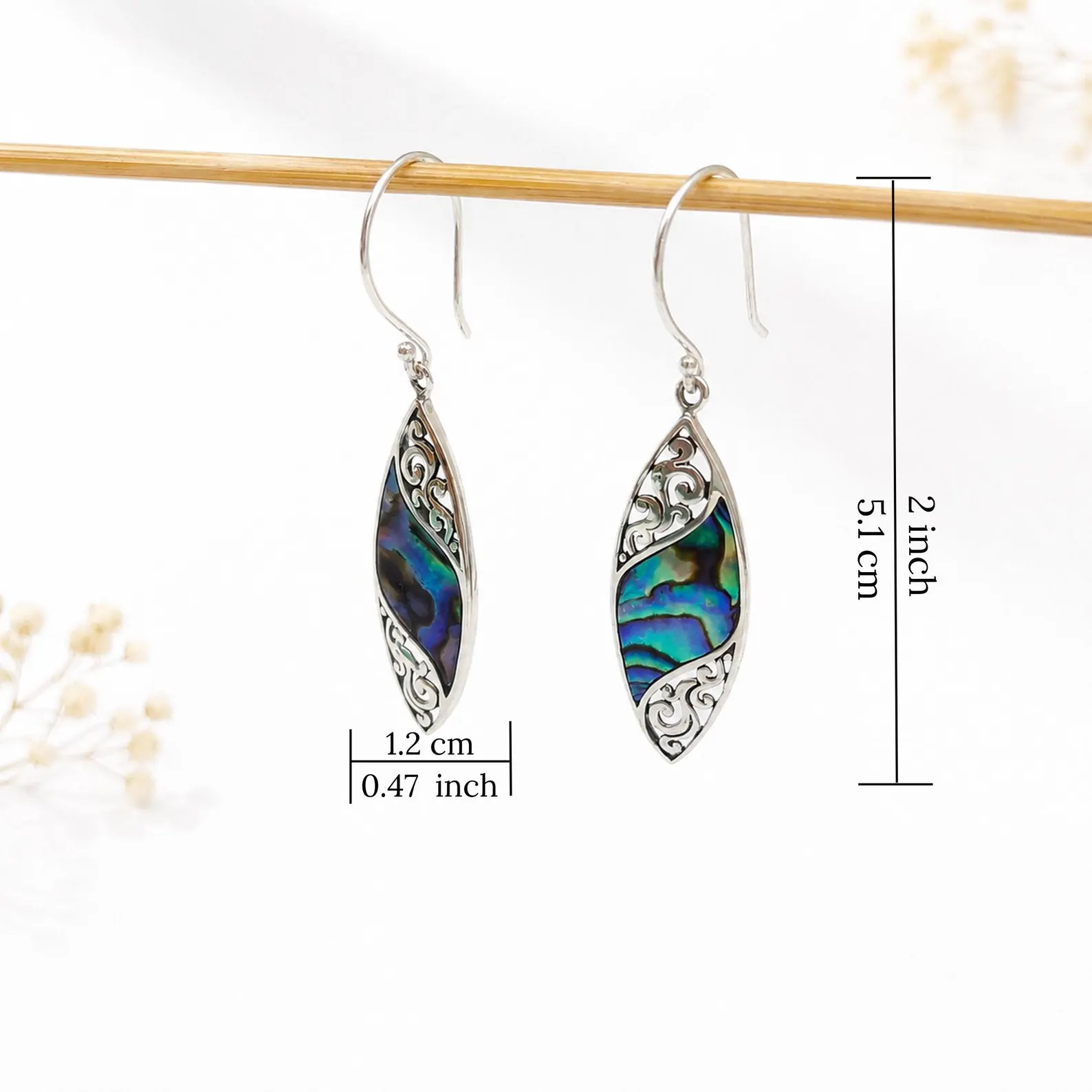 925 Sterling Silver Marquise Abalone Earrings Close Up Natural paua abalone shell Balinese sterling silver earrings