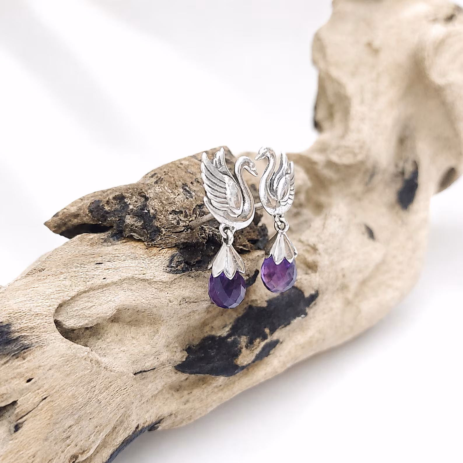 925 Sterling Silver Swan Earrings Close Up Detail Bali handmade 925 sterling silver swan amethyst earrings