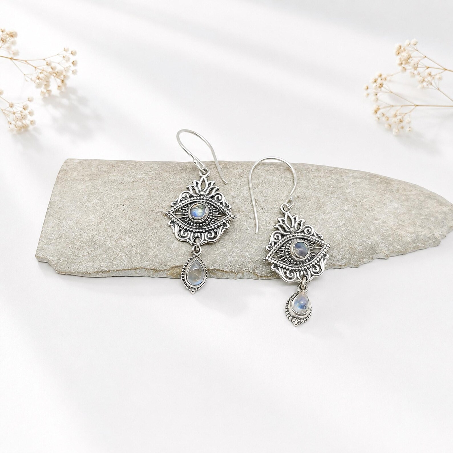 925 Sterling Silver Teardrop Gemstone Earrings Bali handmade 925 sterling silver Dewi Lotus gemstone earrings