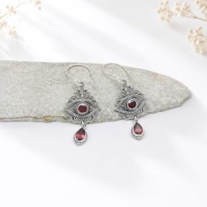 Handmade Balinese lotus sterling silver dangle earrings with gemstone