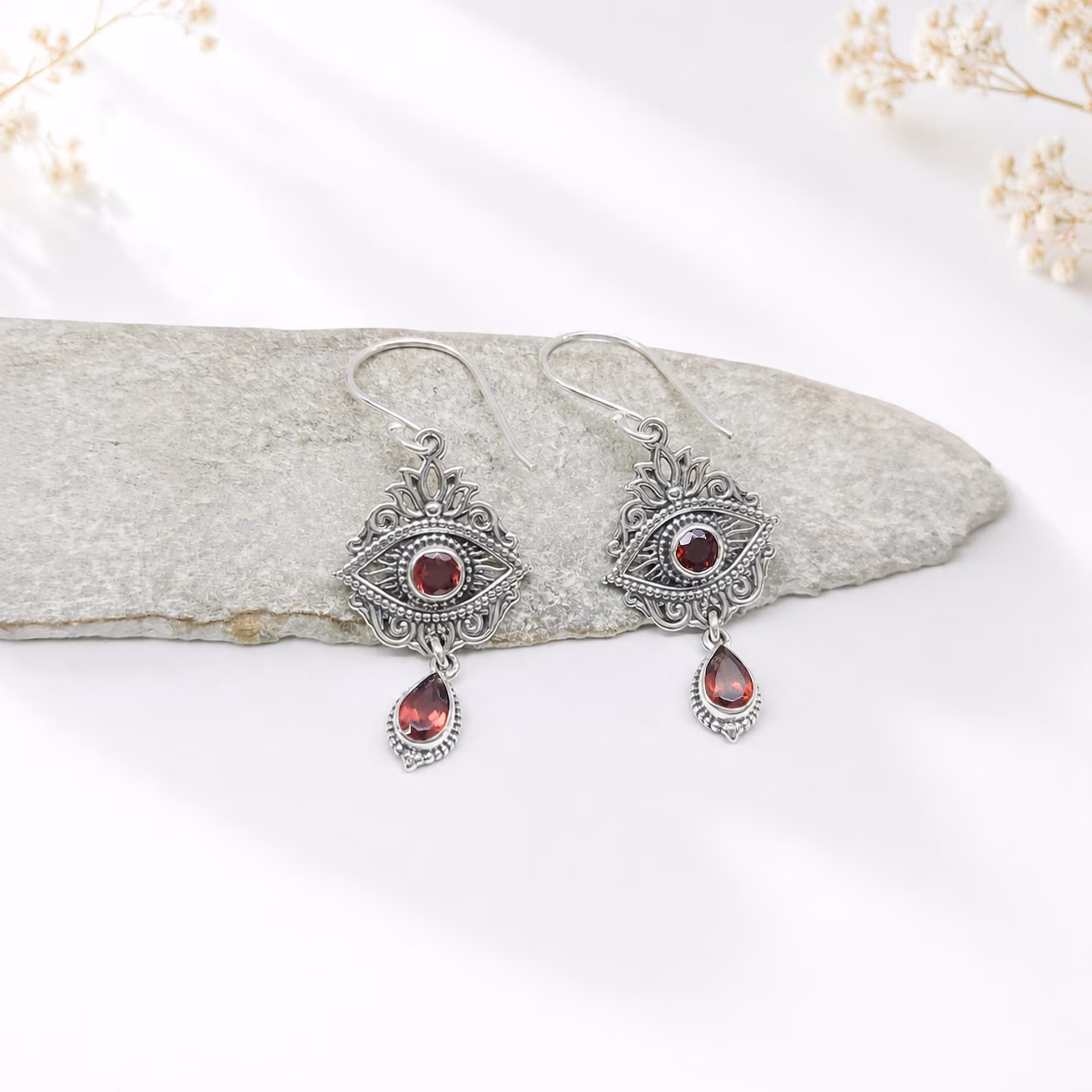 Bali 925 Sterling Silver Dewi Lotus Gemstone Earrings Handmade Balinese lotus sterling silver dangle earrings with gemstone