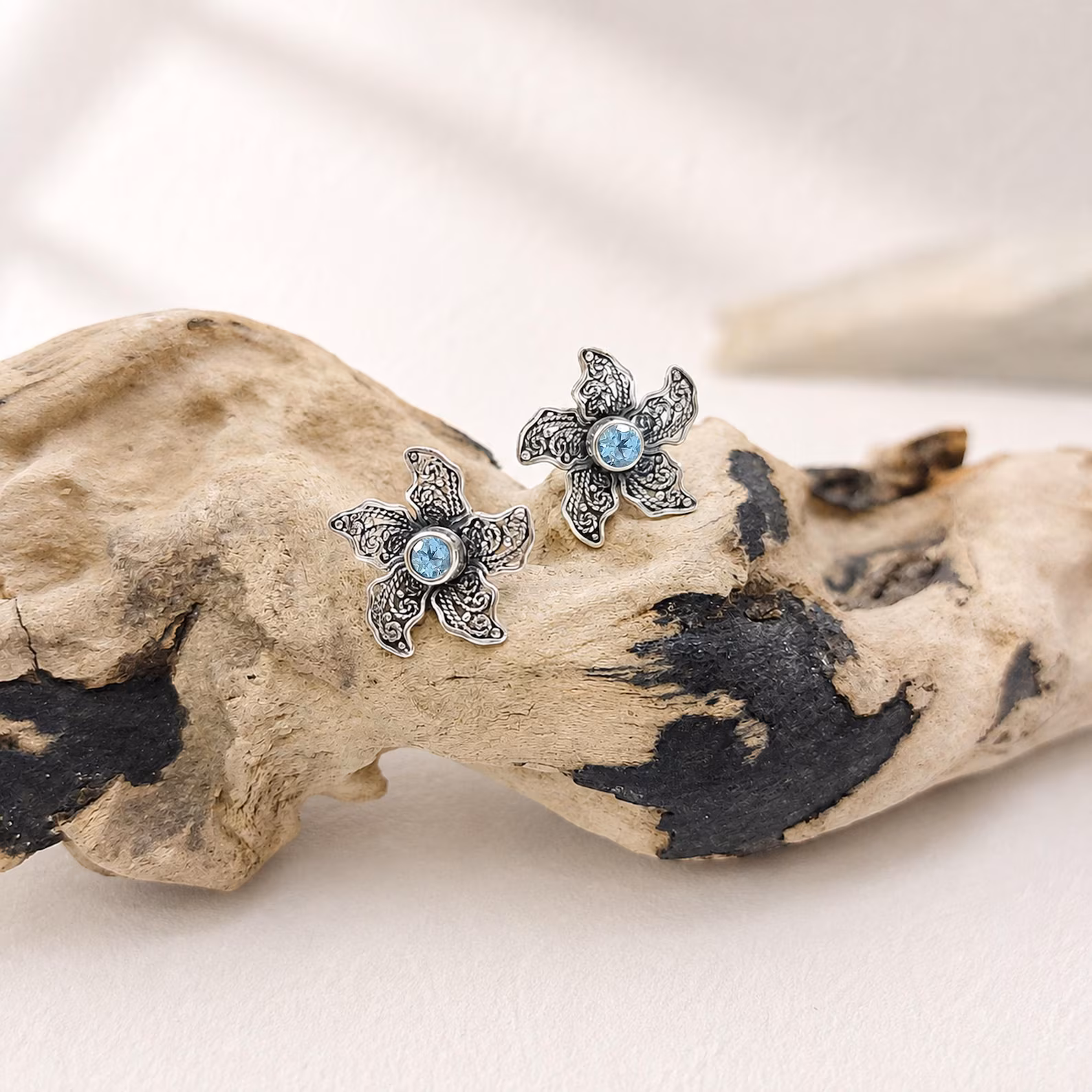 Bali 925 Sterling Silver Flower Gemstone Earrings Handmade Balinese sterling silver botanical stud earrings