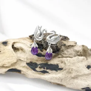 Handmade Balinese swan sterling silver earrings with genuine amethyst