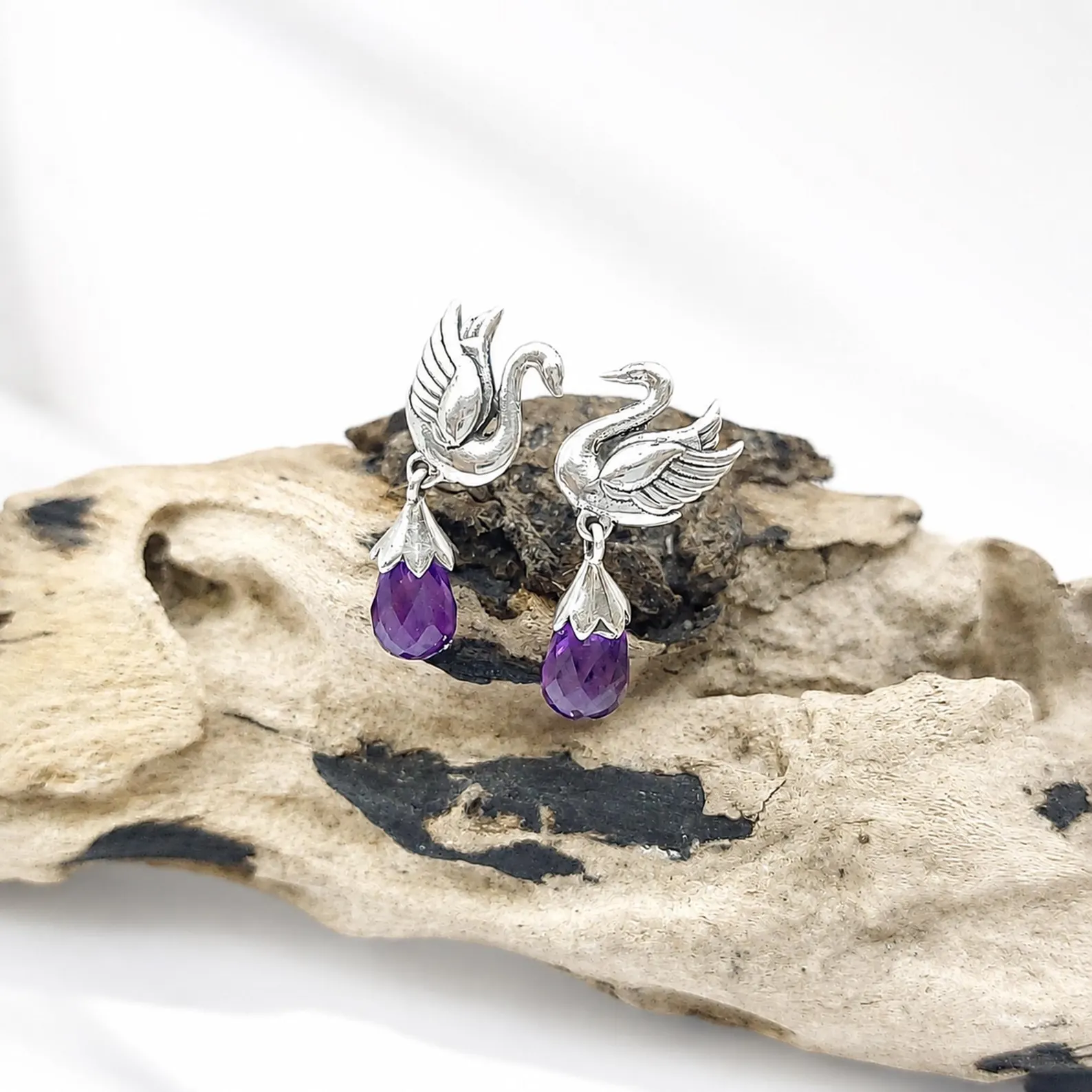 Bali 925 Sterling Silver Swan Amethyst Earrings Handmade Balinese swan sterling silver earrings with genuine amethyst