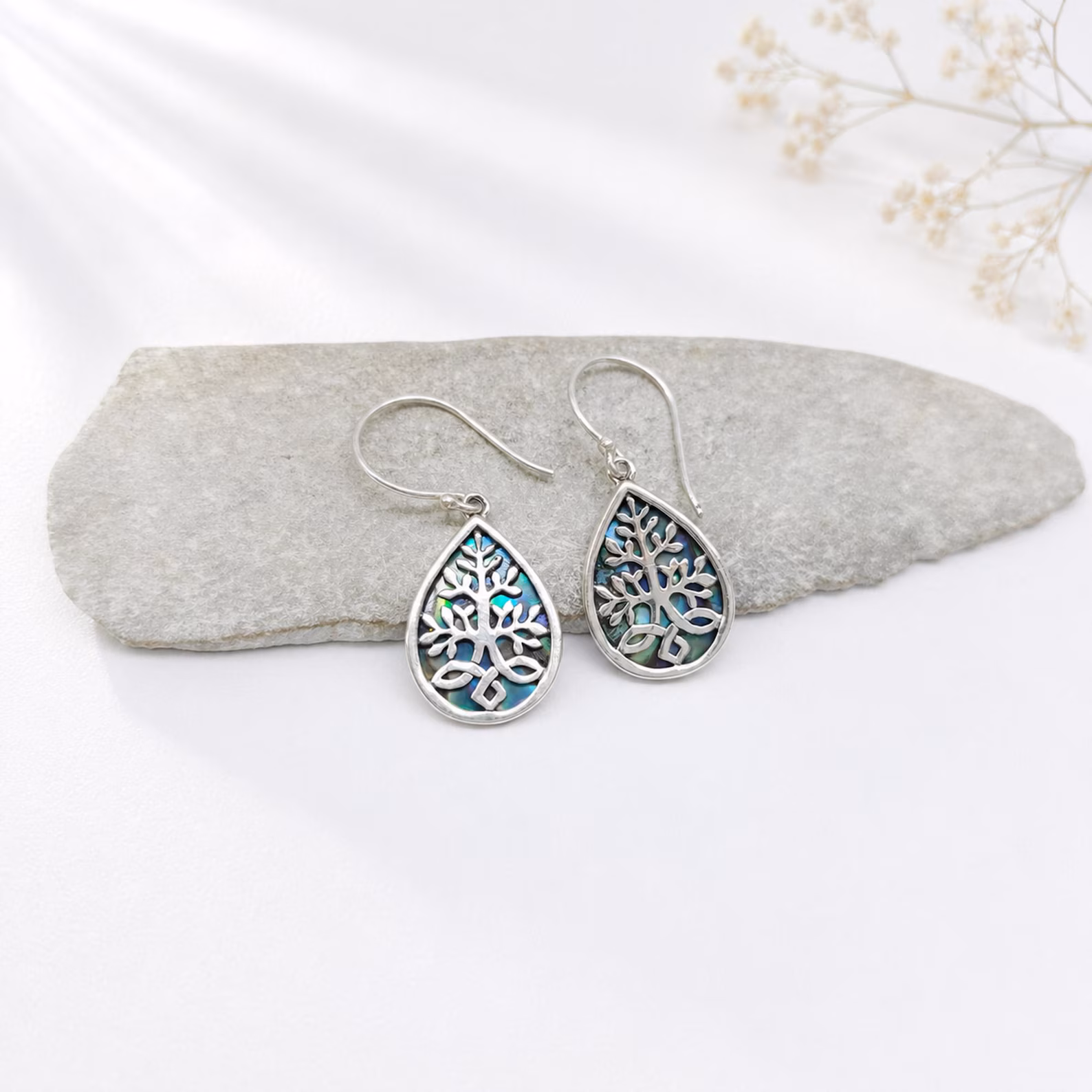 Bali 925 Sterling Silver Tree of Life Abalone Shell Earrings Bali handmade 925 sterling silver Tree of Life abalone shell earrings