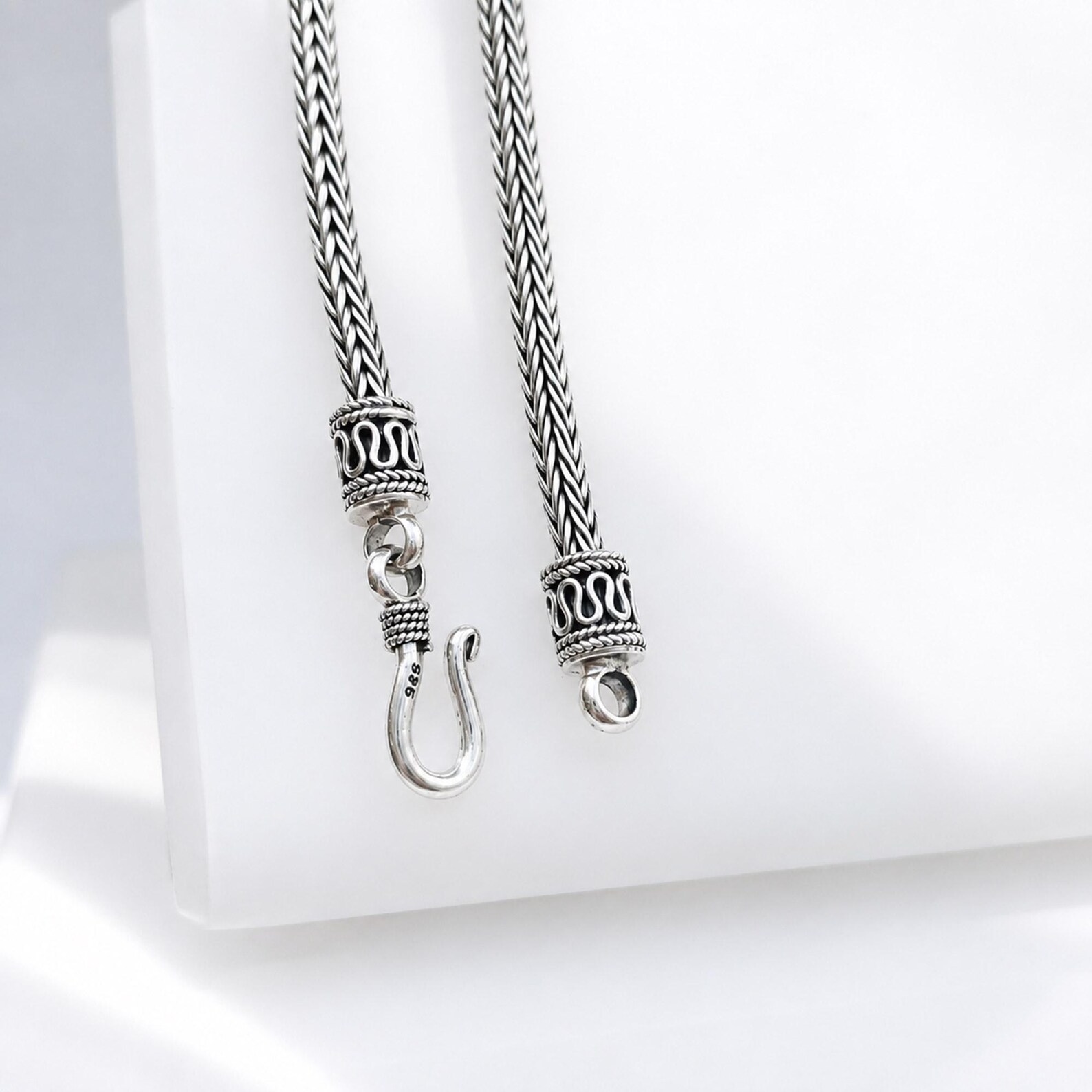 Bali 925 Sterling Silver Tulang Naga Woven Chain 3mm Polished 925 sterling silver woven chain detailed close up