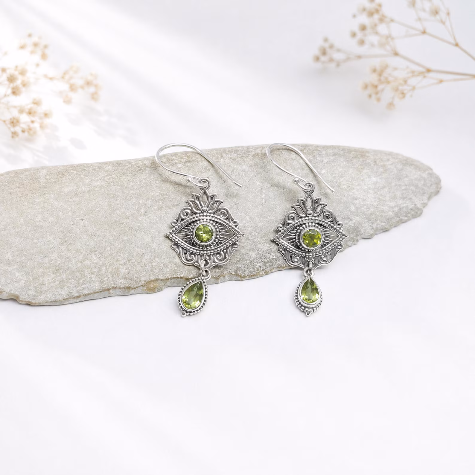 Bali Artisan Lotus Gemstone Dangle Jewelry Genuine gemstone 925 sterling silver Dewi Lotus earrings